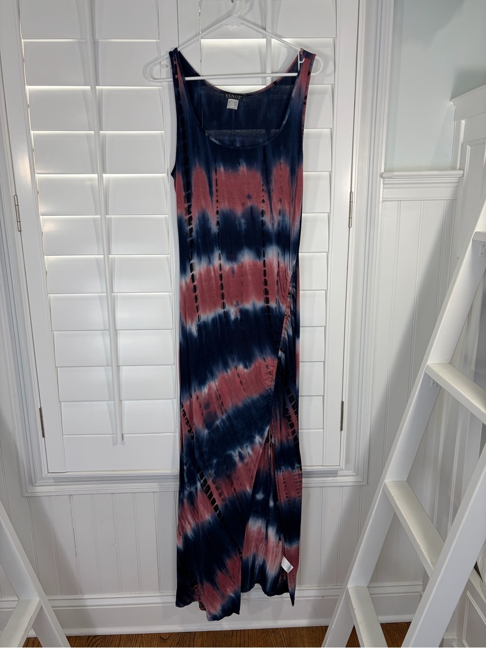 Venus Tie Dye Navy/Pink Knit Scoop Neck Maxi Dress (M)